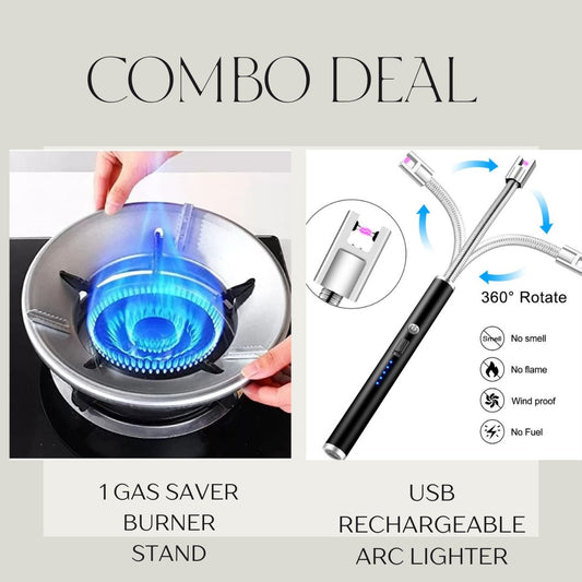 Gas Saver Burner Stand + USB Rechargeable Arc Lighter Combo
